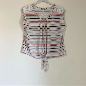 Striped Blouse, front tie, lace design on shoulder